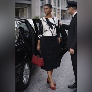 Lauren Ralph Lauren Black & White Marble Print Long Sleeve Midi Dress – Size 12